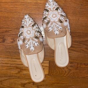 Anthropologie Therese Beaded Mules tan beige brown pointed toe mule slide woven